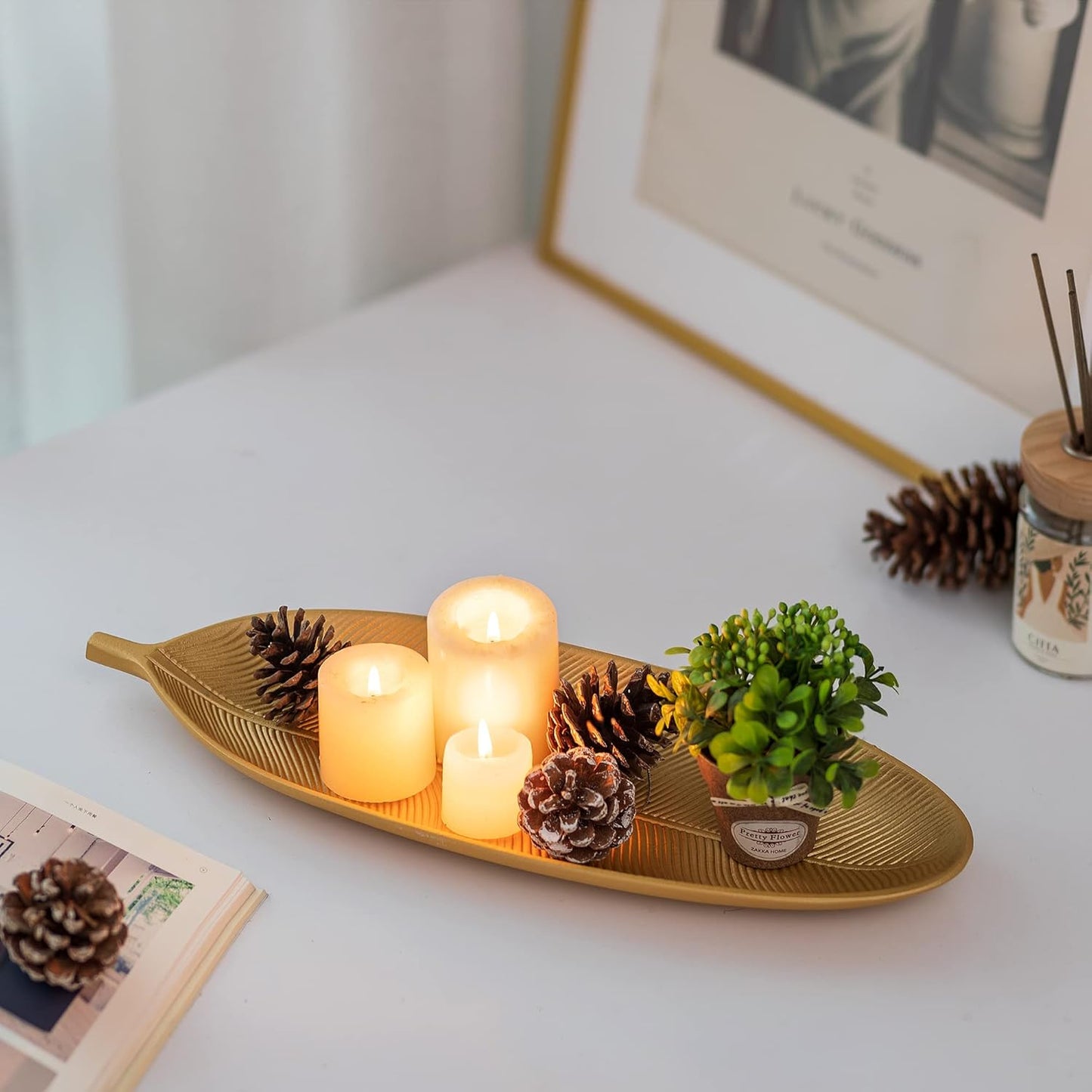 Hanobe Leaf Wooden Decorative Tray: Leaf Shaped Wood Key Tray Decor Leaves Bowl for Crystal Small Candle, Gold