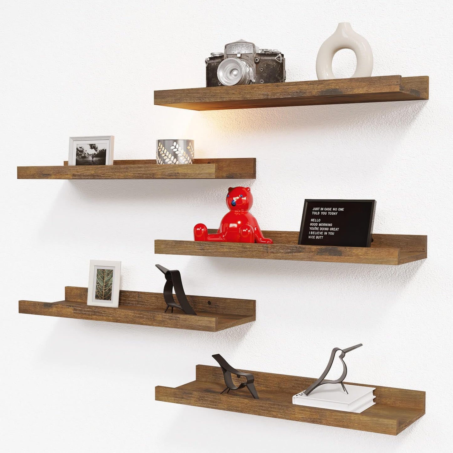 RICHER HOUSE 5 Set Floating Shelves for Wall Decor, Wall Mounted Book Shelf, Nursery Shelves Picture Ledge Shelf with Lip for Wall Storage, Bedroom, Living Room, Bathroom - Brown