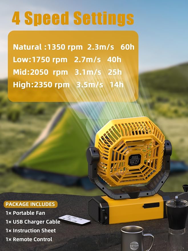 Orteen Rechargeable 9-Inch Portable Table Fan, 20000mAh Battery Powered Camping - Image 2