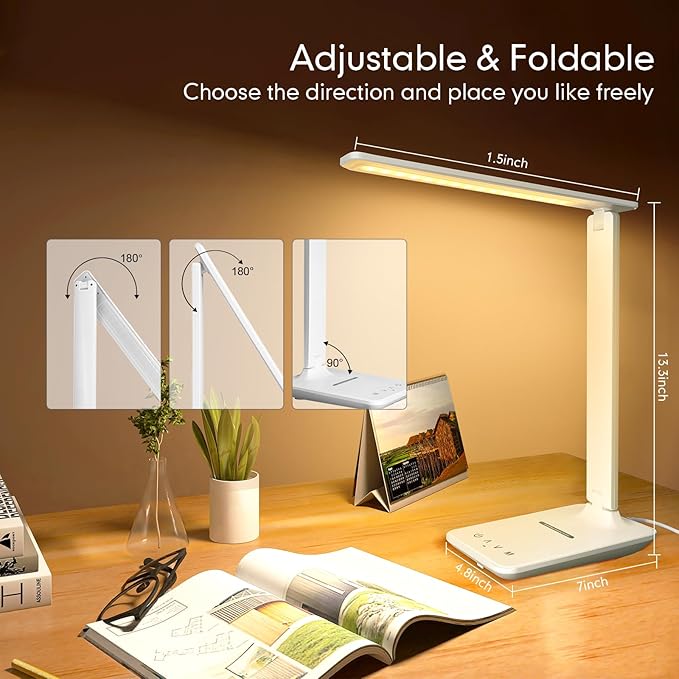 White crown LED Desk Lamp with 15W Wireless Charger & USB Port, Dimmable Table - Image 7