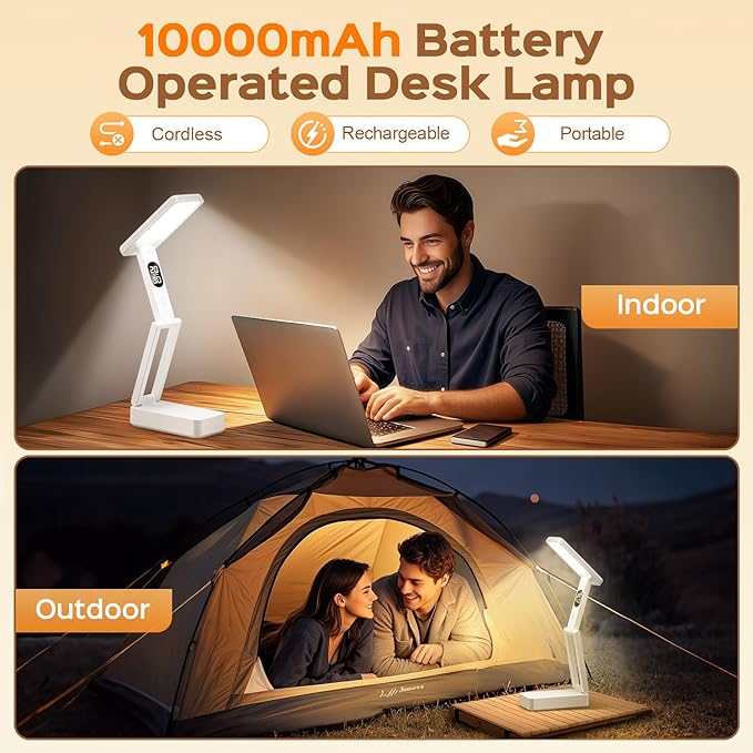 Small Desk Lamp, 10000mAh Battery Operated Lamp, 3 Colors+Dimmable Desk Light - Image 3