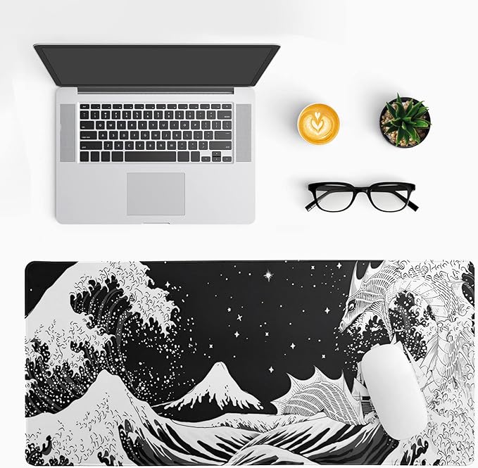 Black and White Japanese Wave Dragon Gaming Mouse Pad - Image 3