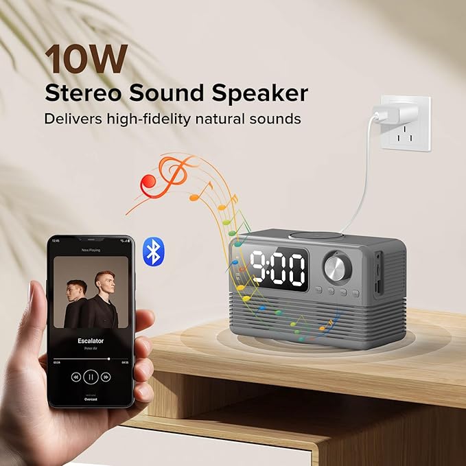 15W Fast Wireless Charger with Bluetooth Speaker and Alarm Clock Radio - Image 4
