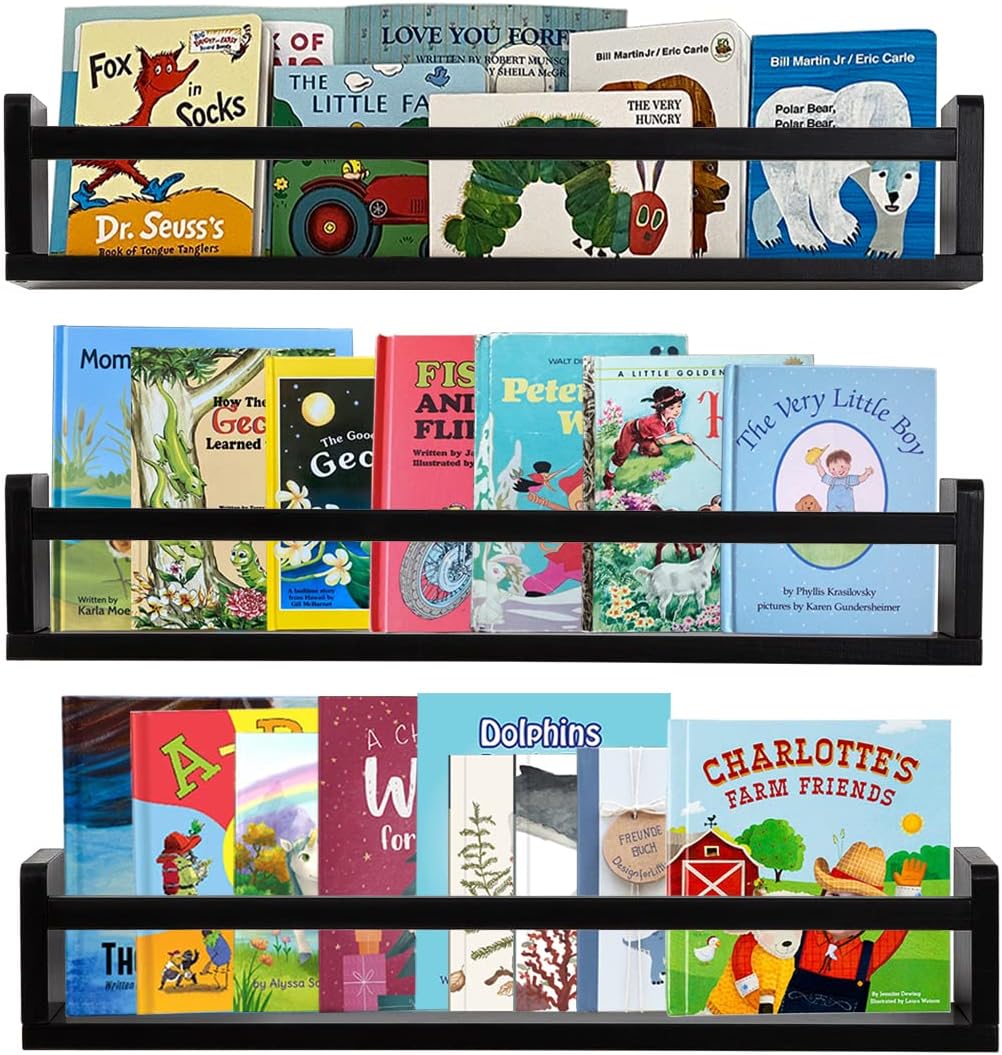 AZSKY Classic Nursery Book Shelves Black Wooden Floating Shelves Wall Bookshelf for Bathroom Decor Kitchen Spice Rack Organizer Kids Room 24 Inch Set of 3