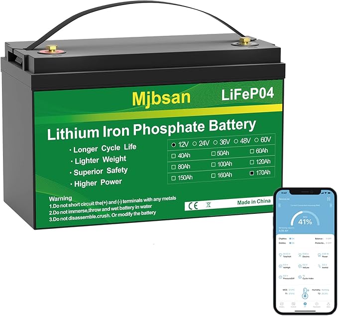 12V 170Ah LiFePO4 Battery, Built-in 150A BMS by Mjbsan