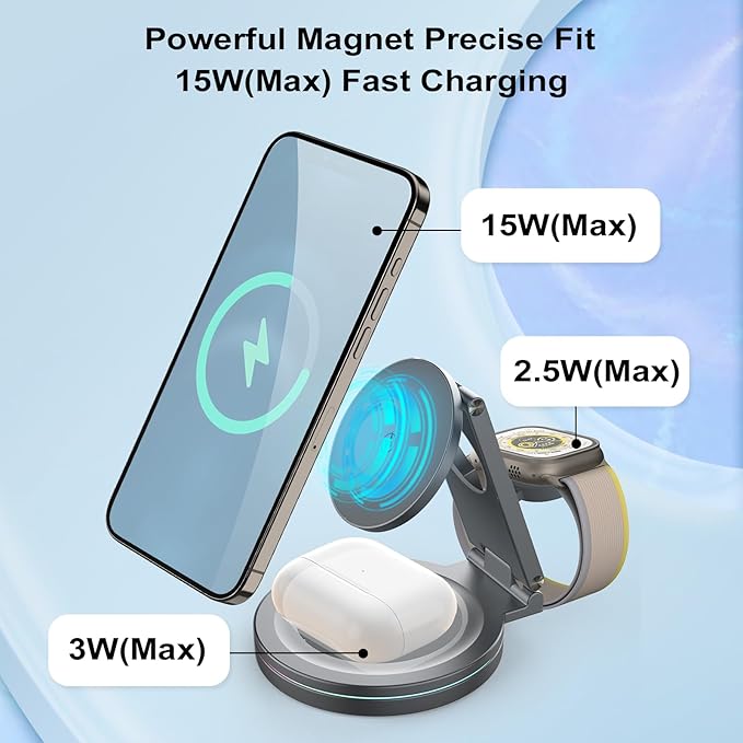 Foldable 360º Rotatable Zinc Alloy 3-in-1 Magnetic Wireless Charger, 3 in 1 - Image 4