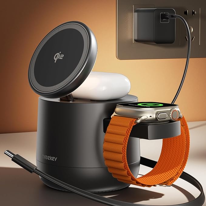 MFI Certified by Apple, 4 in 1 Magsafe Wireless Charging Station, Qi2 15W by THREEKEY