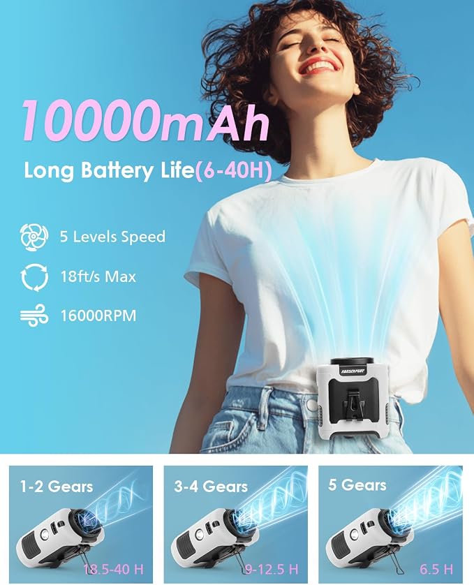 Portable Waist Fan Clip on, Personal Wearable Belt Fan 10000mAh Rechargeable - Image 2