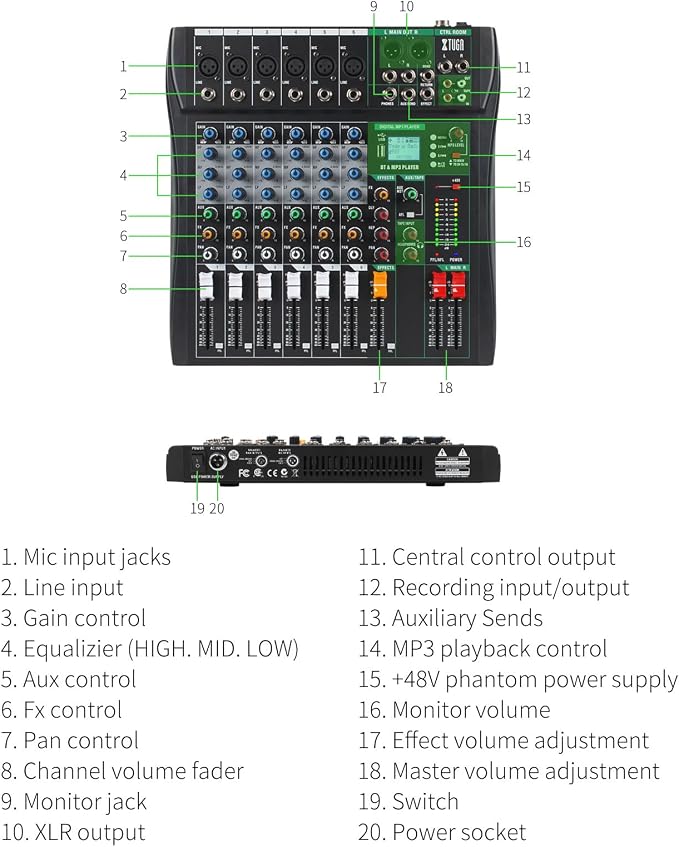 XTUGA 6 Channel Audio Mixer Sound Board Mixing Console, Audio Interface PC USB - Image 8