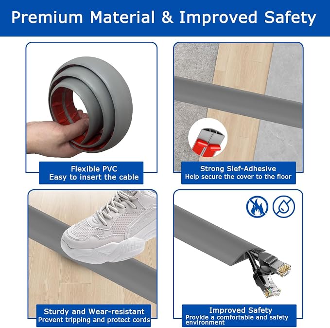 6ft Floor Cord Cover, Cord Hider Floor Gray, Extension Cable Cover Power Cord - Image 3
