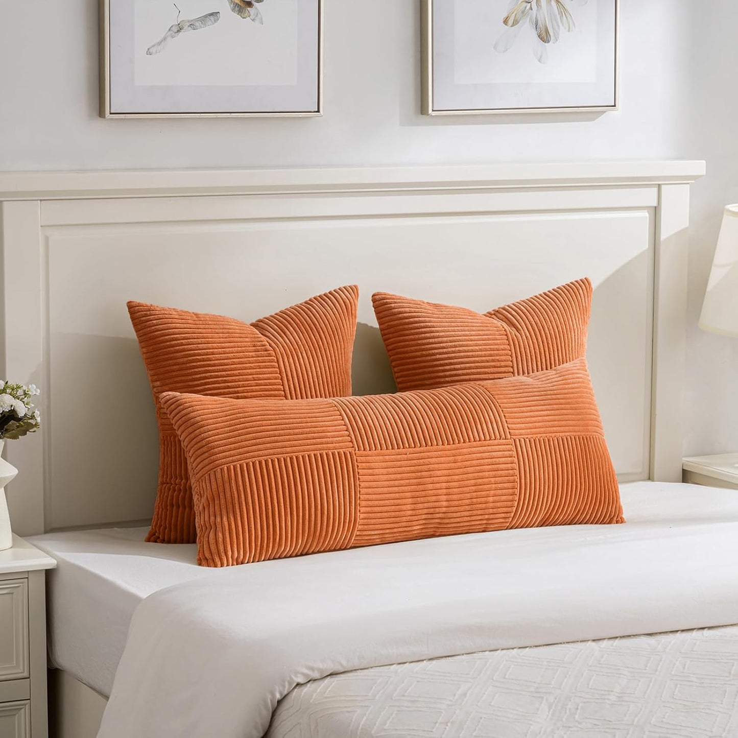 Fancy Homi 2 Packs Burnt Orange Decorative Throw Pillow Covers 22x22 Inch for Living Room Couch Bed, Rustic Farmhouse Boho Home Decor, Soft Corss Corduroy Patchwork Accent Square Cushion Case 55x55 cm