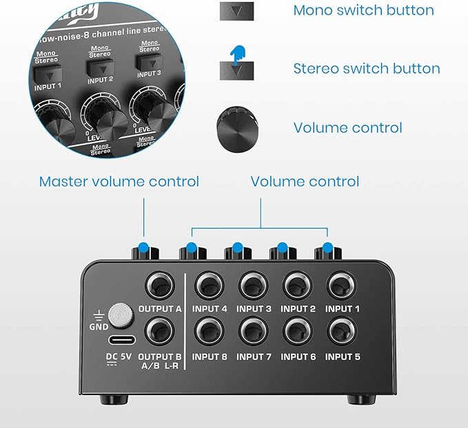Moukey Audio Mixer, DC 5V, 8 Stereo Ultra, Low Noise 8 Channel Line Mixer - Image 4