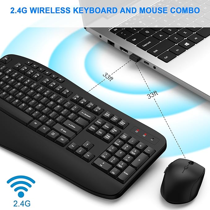 Wireless Keyboard and Mouse Combo, EDJO 2.4G Full-Sized Ergonomic Computer - Image 2
