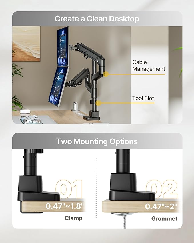 monTEK Dual Monitor Arm for up to 57" and 59.4 lbs Ultrawide Screen, Aluminum - Image 6