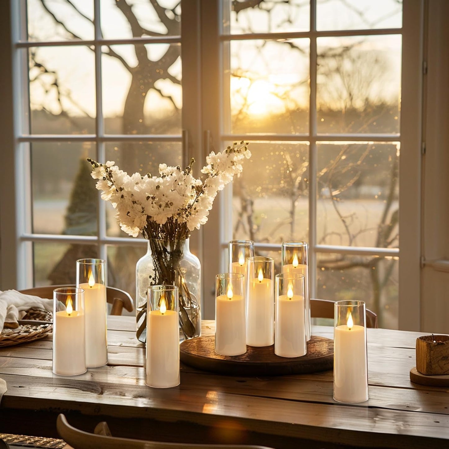 Amagic Pure White Flameless Candles, 9 Pack Battery Operated Candles with Remote and Timer, Acrylic Flickering Electric LED Candles for Wedding, Holiday Decor, D2.2''xH5''6" 7", Warm Yellow Glow