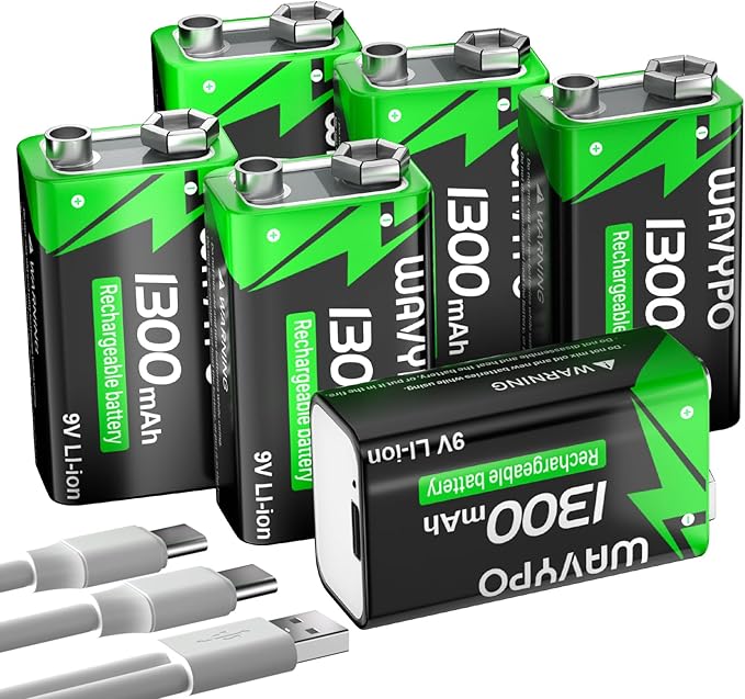 Rechargeable 9V Batteries, 1300mAh 9 Volt Lithium-ion Batteries Long Lasting 9V by WAVYPO