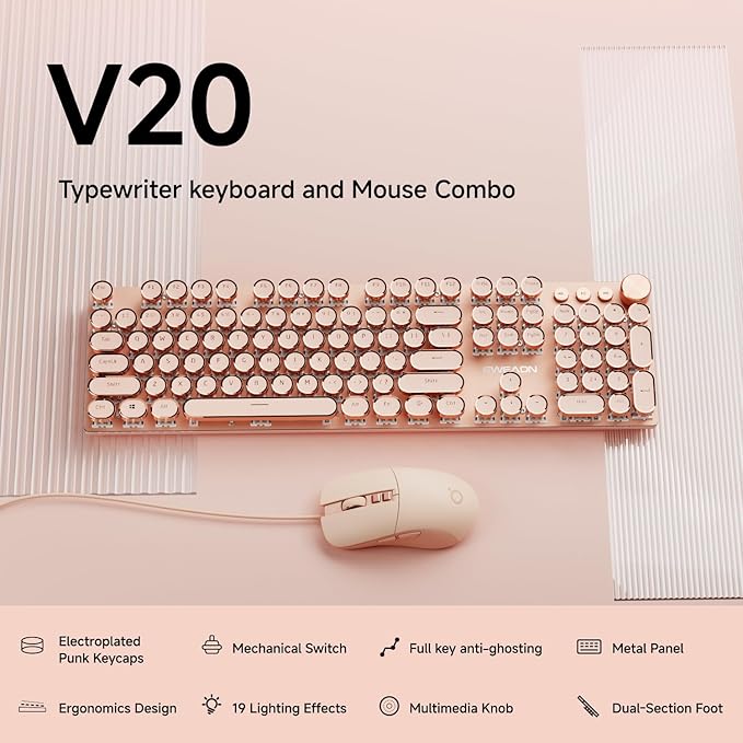EWEADN Wired Typewriter Keyboard and Mouse Combo, Typewriter Style Mechanical - Image 2