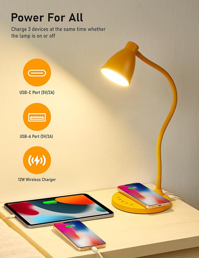 BOHON LED Desk Lamp with USB C+A Charging Ports Wireless Charger, 5 Colors - Image 4