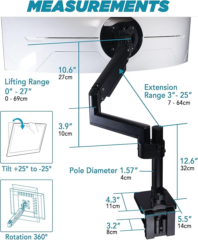 Heavy Duty Monitor Arm for Ultrawide Monitors up to 57" and 44 lbs, Single Desk - Image 5