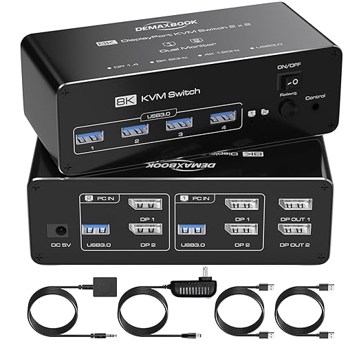 DEMEXBOOK Dual Monitor DisplayPort KVM Switch 2 Monitors 2 Computers 8K@60Hz by DemexBook