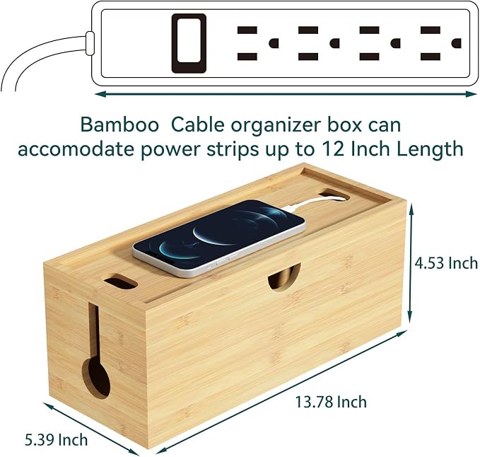 Bamboo Cable Management Box, Medium Cord Organizer Box Cable Box to Hide Wires - Image 3