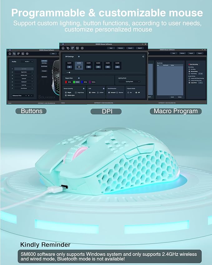 SM600 Honeycomb Shell Gaming Mouse Wireless, 8000 DPI Tri-Modes BT5.1/2.4G - Image 4
