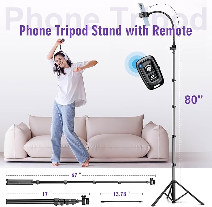 80" Phone Tripod, Selfie Stick Cellphone Tripod, Aluminum Tripods Stand - Image 6
