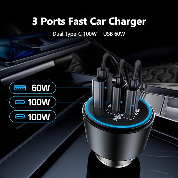 200W Super Fast Car Charger for iPhone 16/15 Pro Max, 3-Port USB C Car Charger - Image 3