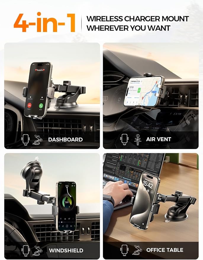 CHGeek Wireless Car Charger Phone Holder Mount, 15W Fast Charging Auto Clamping - Image 2