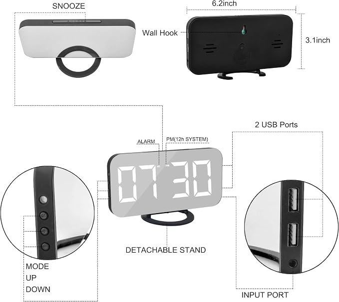 Digital Clock Large Display, LED Alarm Electric Clocks Mirror Surface - Image 4