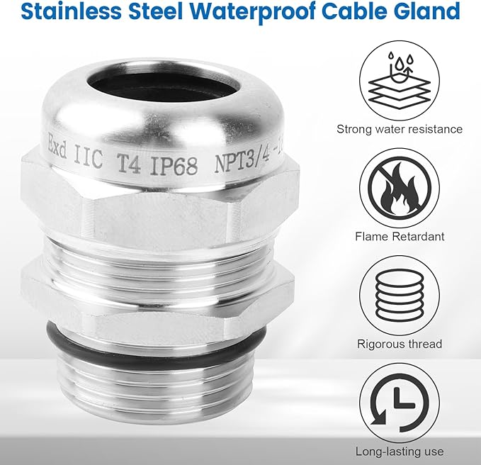 2 Pcs 3/4" NPT Stainless Steel Waterproof Cable Gland, IP68 Waterproof - Image 4
