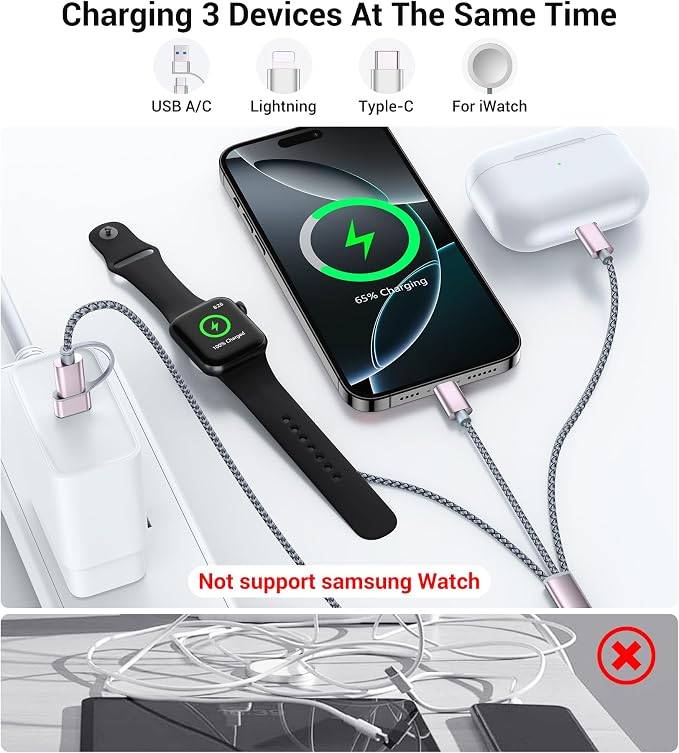 Temdan for Travel Vacation Essentials, 3 in 2 USB C Cable for Apple Watch - Image 3