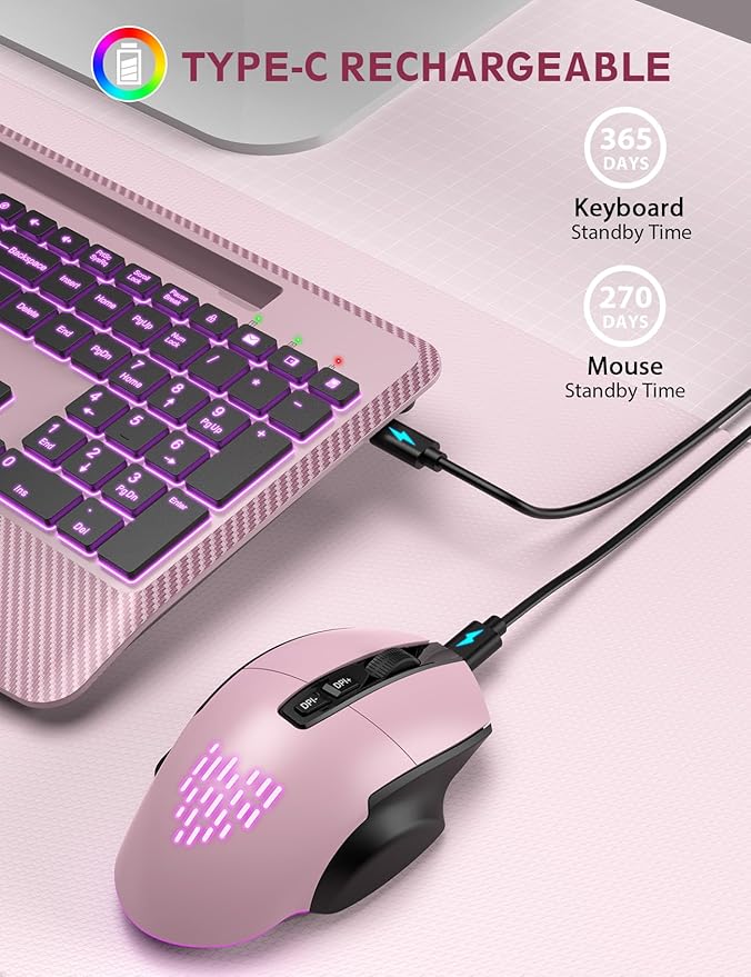 Wireless Keyboard and Mouse Backlits, Wrist Rest, LED Mouse, Rechargeable - Image 5