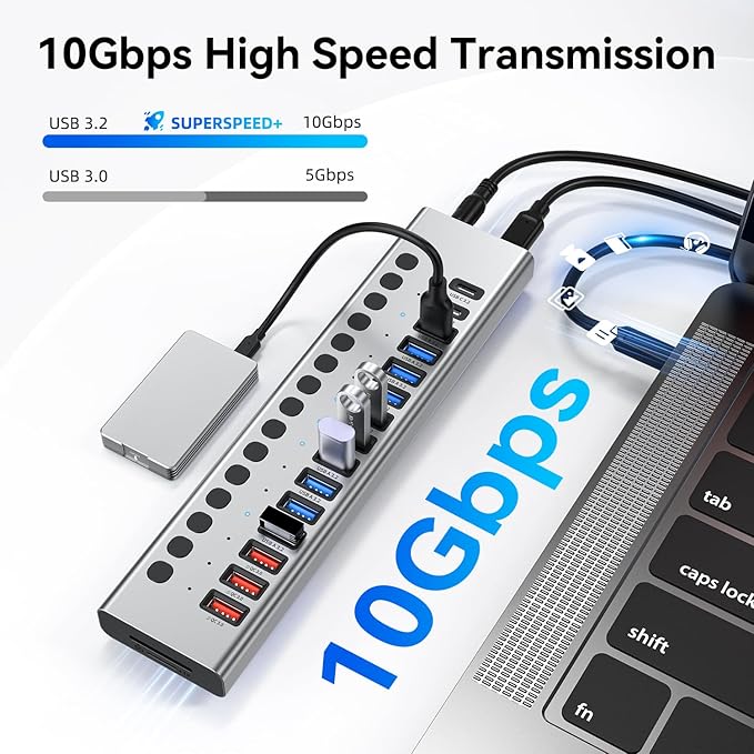 Powered USB Hub 10Gbps, 17 Ports 96W USB 3.2 Hub, 12V/8A Power Adapter - Image 3