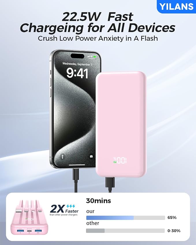 Portable Charger, 42800mAh Power Bank Built-in Cable, 22.5W PD USB C In & Out - Image 2