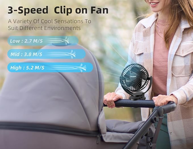 USB Personal Clip on Fan 5000mAh Battery Operated 6in, Type C, 3 Speed - Image 2