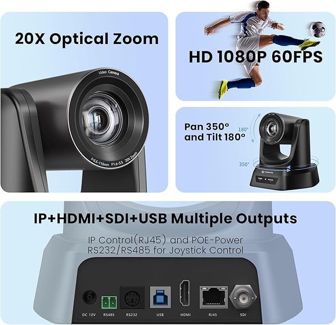 PTZ Camera 20X Optical Zoom HDMI IP Live Streaming SDI USB3.0 1080P 60fps PoE - Image 2