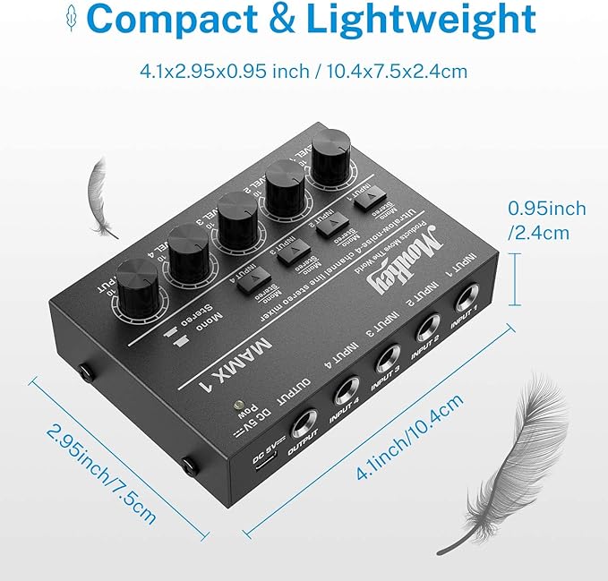 Moukey Mini Audio Mixer, DC 5V, 4 Stereo Ultra, Low Noise 4 Channel Line Mixer - Image 7
