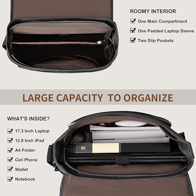 ESTARER Men's Messenger Bag 17.3 Inch Upgraded, Water-resistant Canvas Laptop - Image 7