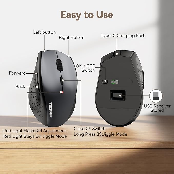 TECKNET Wireless Mouse Jiggler, USB-C Rechargeable Mouse, Silent Mouse Quiet - Image 8