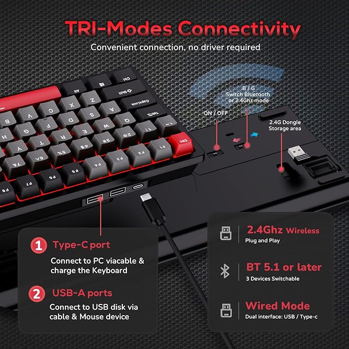 RK ROYAL KLUDGE RK98 Gaming Keyboard, Wireless Mechanical Keyboard 100 Keys - Image 4
