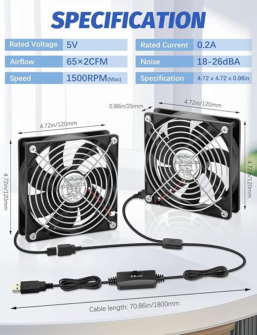2 Packs AmRunJe 120mm x 25mm USB Cooling Fan 5V Brushless Dual Fan - Image 5