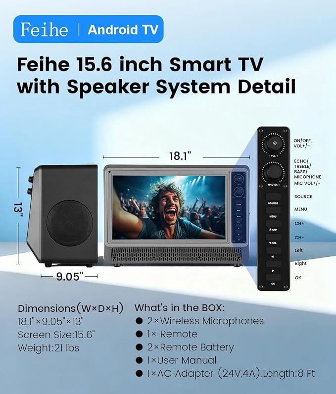 Feihe 15.6” Small Smart TV Built-in Bluetooth Speaker System, 200W Peak Power - Image 7