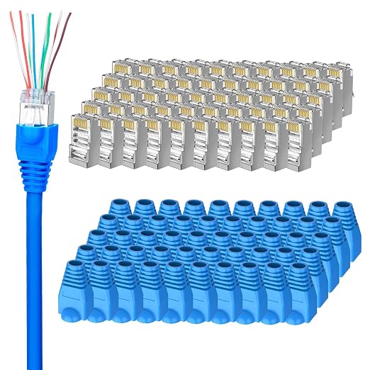 50-Pack Cat 6 Shielded Pass Through RJ45 Connectors + 50Pack RJ45 Strain Relief by Brileine