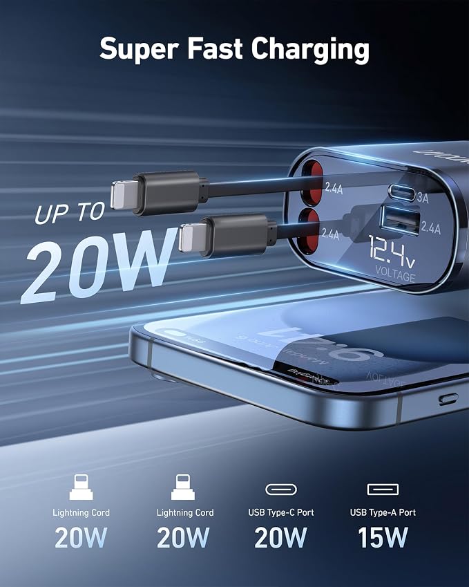 iPhone Car Charger 4 in 1 Fast USB Car Phone Charger 20W Double Lightning - Image 3