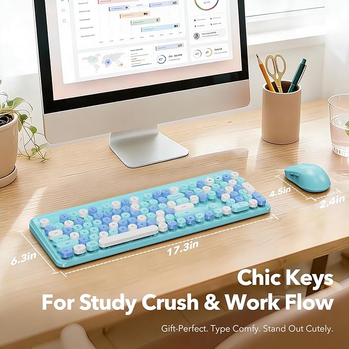 Wireless Keyboard and Mouse Combo, Retro Round Keycaps, Full-Size Cute - Image 8