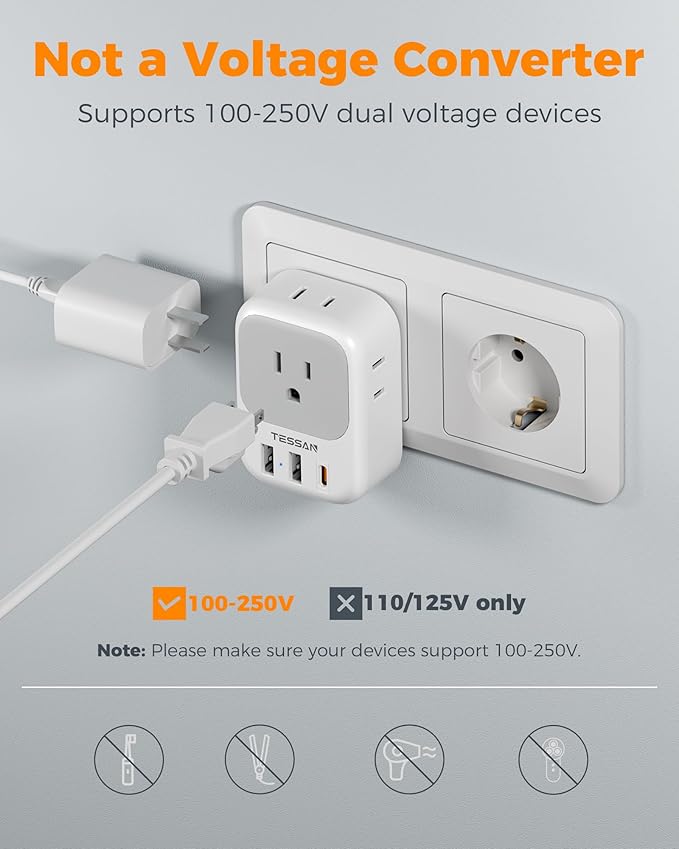 TESSAN 2 Pack Type E F Plug Adapter, Germany France Power Travel Adaptor - Image 6