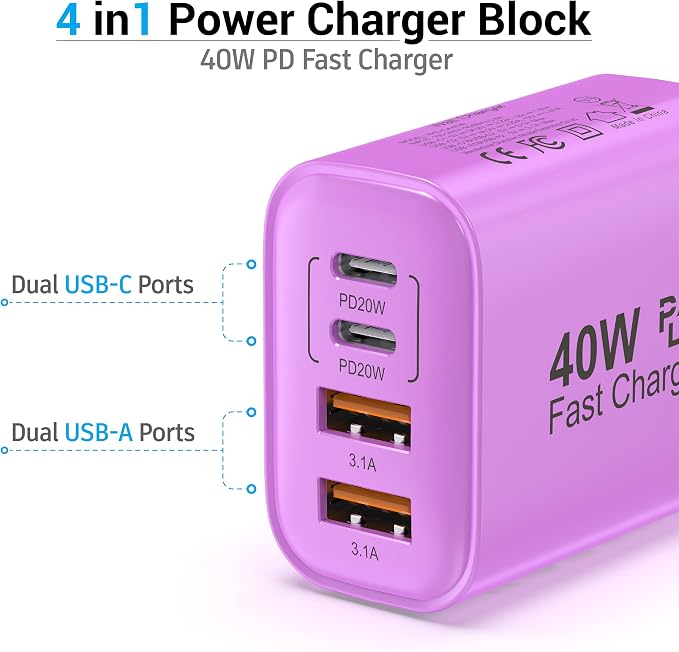 USB C Block 40W, 4 Ports Wall Plug Fast Charging Block, PD+QC Multiport Power - Image 4