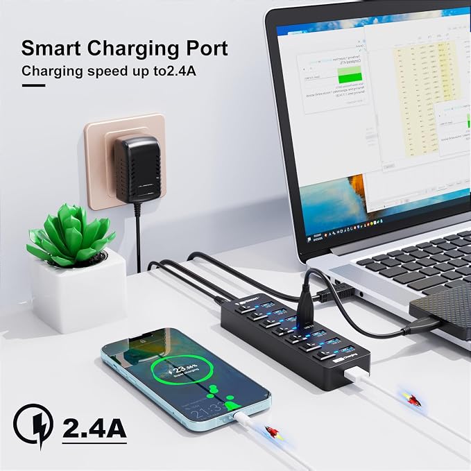 Powered USB Hub 3.0, VEMONT 7 Ports Multi USB hubs and 1 USB Smart Charging Port - Image 3