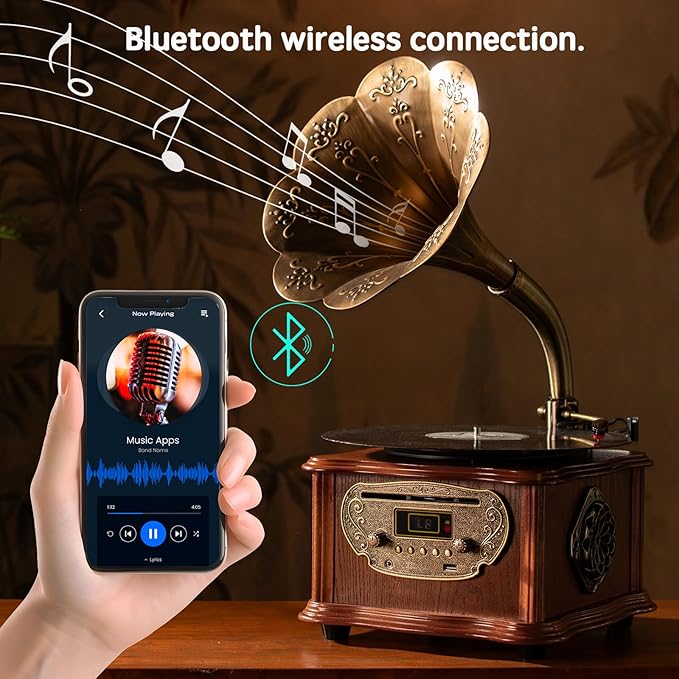 Wooden Phonograph Gramophone Turntable CD Player Stereo System Control 33/45 - Image 4